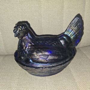Vintage Carnival Glass Hen on Nest: Rare 1960s Bicentennial Blue